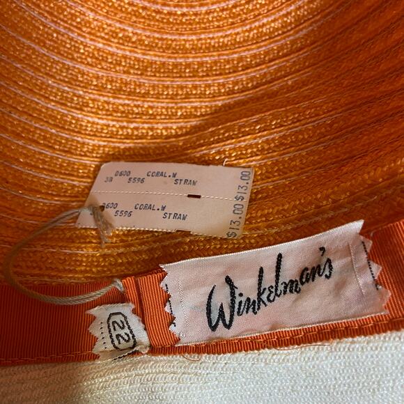 1950s Vintage Coral & White Striped Straw Cloche Hat by Winkelman’s – NWT